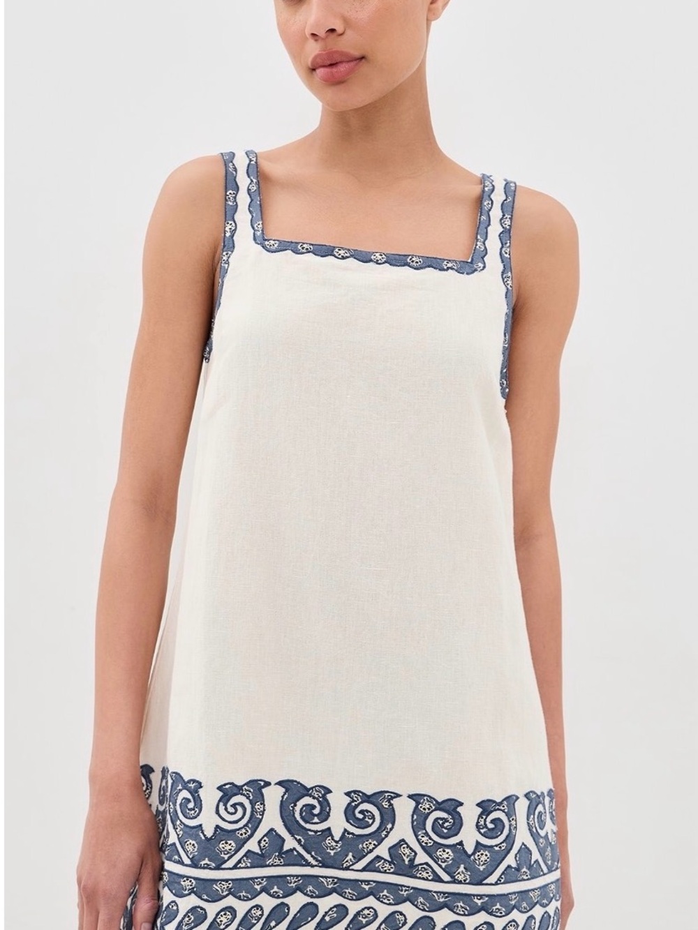 Ciao Lucia Cream Mini Dress with Blue Embroidered Trim